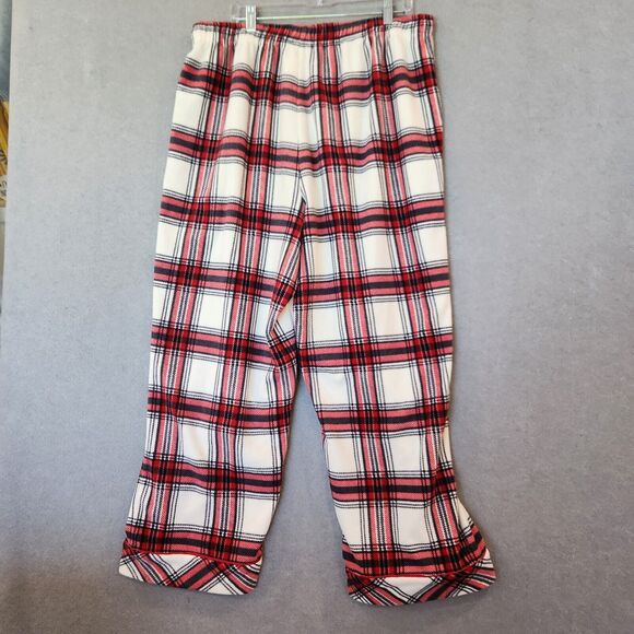 PajamaGram Mens Fleece Pajama Set XL Red White Plaid Long Sleeve Wide Leg PJs - Picture 12 of 16